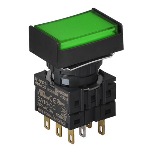 S16PRT-H4G2C24 Yeşil Renk, 16mm Çap, Dikdörtgen, Ledli 24VDC , 2 C Kontak, Kalıcı Buton