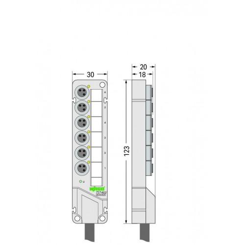 757-463/000-005  M8 sensör/aktüatör kutusu; 6 kanal; 3 kutuplu; 5 m bağlantı kablosu